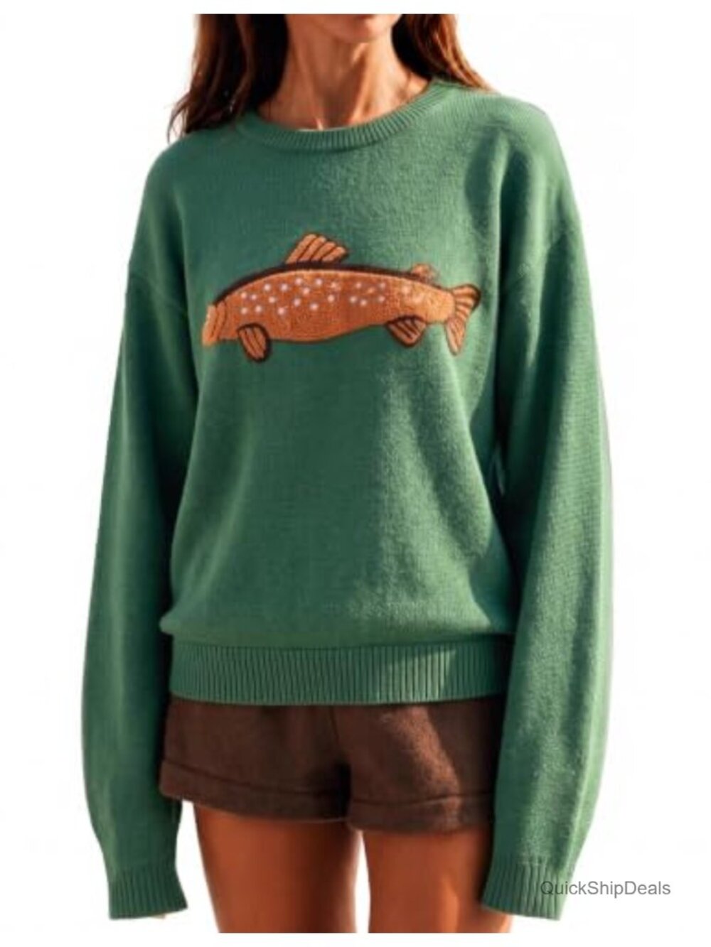 Womens Fish Graphic Oversized Sweater Crewneck Knit Pullover Y2K Top